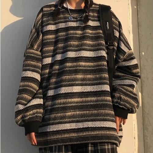Women Oversize Pullovers Ulzzang BF Unisex Couples Japanese Striped Knit Sweater Hip Hop Female New Winter Fashion Retro Daily
