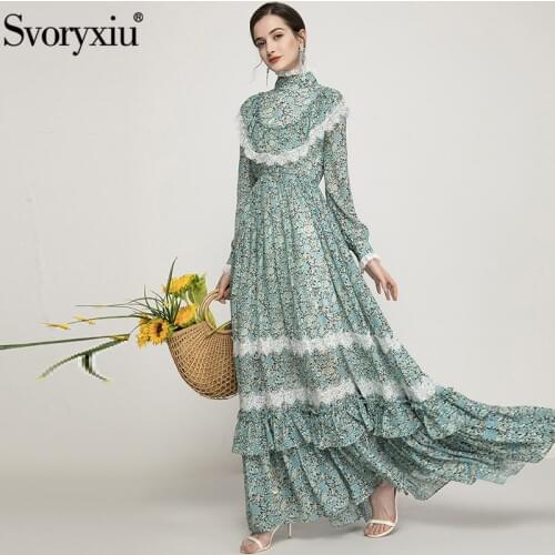 Svoryxiu Elegant Flower Print Patchwork Lace Ruffles Maxi Dress Womens 2021 Summer Runway Bohemian Floor-Length Dresses