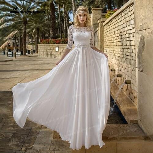 White Half Sleeve Chiffon Wedding Dresses With Corset Lace up Back Floor length Lace Boho Bridal Gowns Scoop Neck Vestido Novia