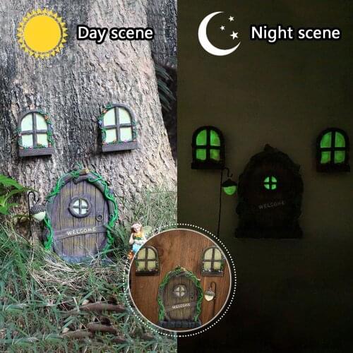 Childrens Day Play House Door Window Pine Cone Lantern Crafts Kit Fairy Door Night Glowing Elf Dryad Wood House Decor