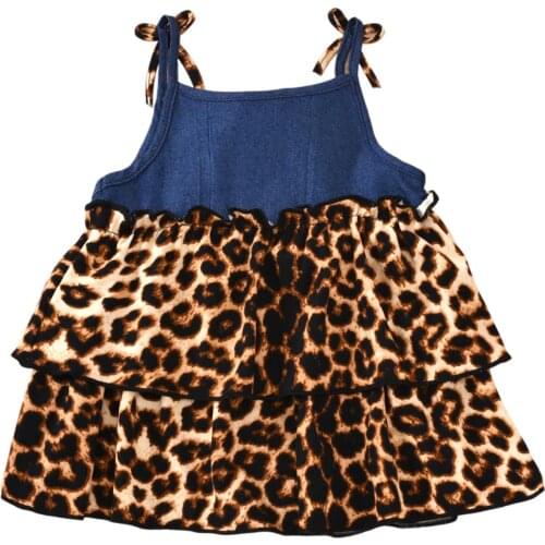 Baby Sleeveless Dress, Leopard Print with Denim Stitching, Ruffle Decoration Summer Clothing 2-6T