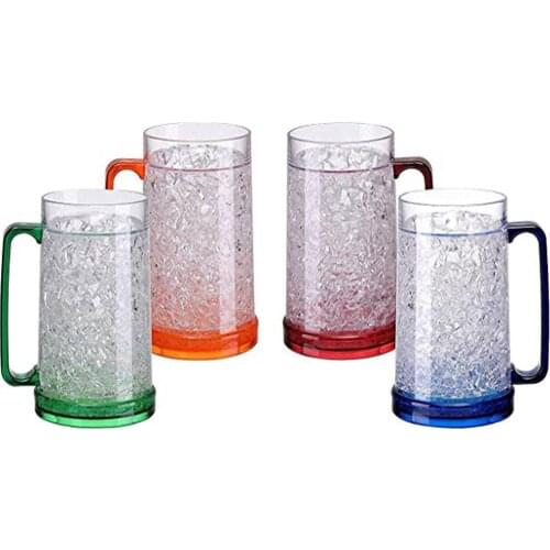 Double Wall Gel Frosty Freezer Ice Mugs Clear 16oz Set of 4 (Blue, Red, Orange and Green)