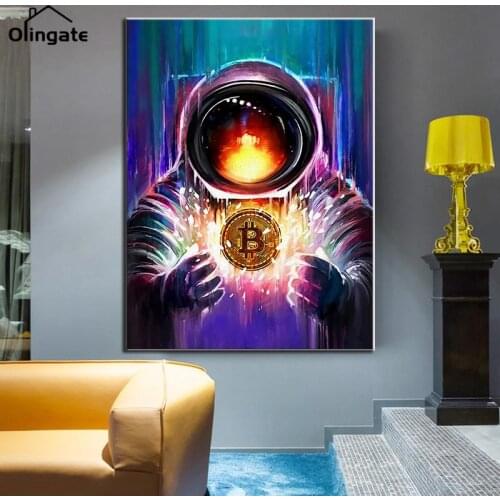 Bitcoin Spaceman Canvas Painting Nordic Inspirational Wall Art Poster and Prints Abstract Office Picture for Living Room Decor