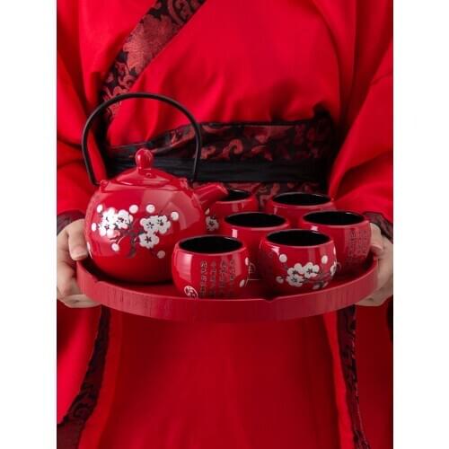 Chinese Style Plum Blossom Ceramic Wedding Tea Set Tea Ceremony Cup Set New Couple Dowry Wedding Ceremony Items Gift Set