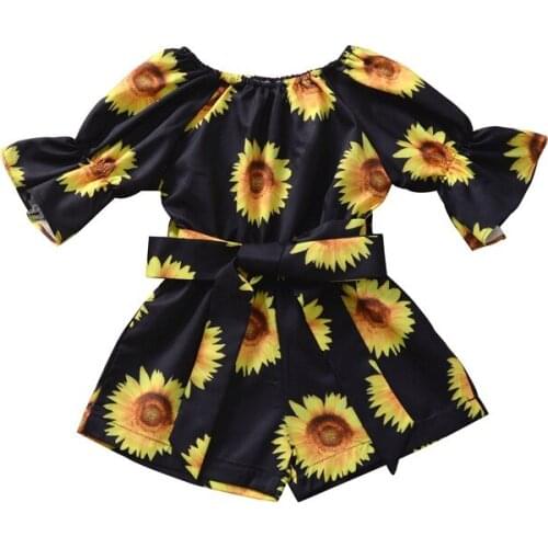 FOCUSNORM 1-6Y Summer Cute Baby Girls Rompers Tops Sunflowers Print Ruffles Short Sleeve Elastic Jumpsuits