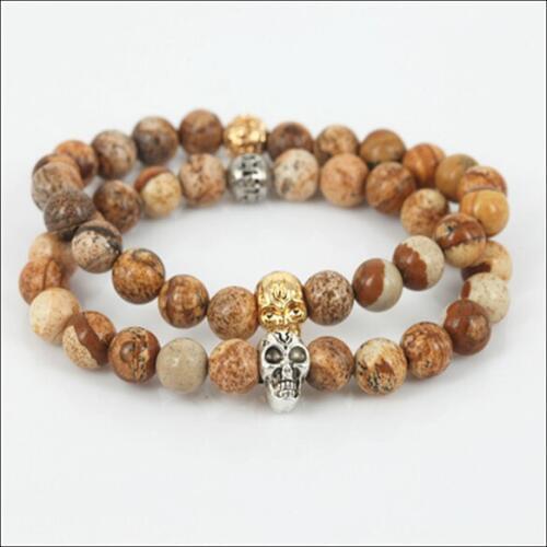 Fashion beaded gold/silver color skull head men charm stretch bracelet natural 8mm picture round gem stone beads women bracelet