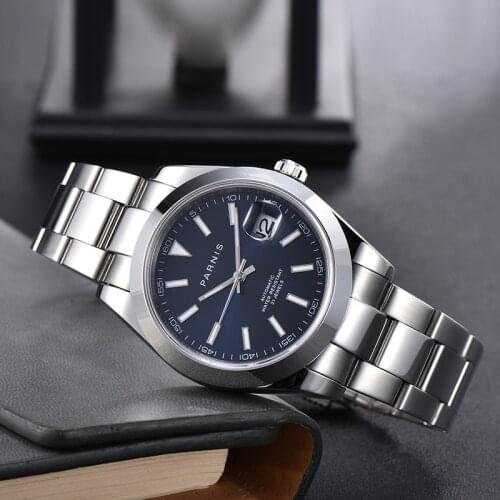 Parnis Blue Dial Mens Watches Calendar Miyota 8215 Movement 21 Jewels Automatic Mechanical Mens Wristwatch orologio uomo 2020