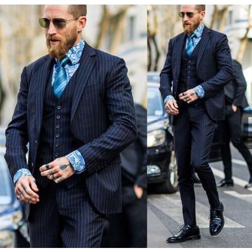 2020 Newest Mens 3 Piece Wool Feel Classic Gangster Pinstripe Suits with Vest Notch Lapel Two Button Navy Formal Suit