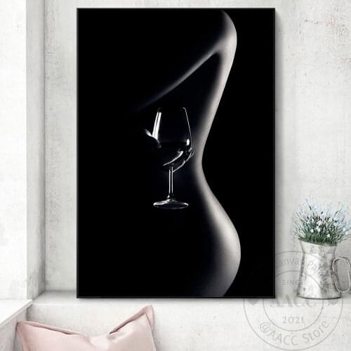 Nordic Style Home Wall Decor Black And White Sexy Nude Woman With Red Wine Glass Poster Print Canvas Painting For Room Decoratio