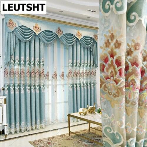 2021New Light Luxury Curtains for Living Dining Room Bedroom Chenille Hollow Embroidered Curtain Valance Window Finished Custom