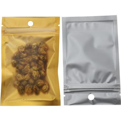 100pcs 7.5x12cm Gold Matte Surface Top Zipper Zip Lock Aluminum Foil Scented Tea Package Bags Front Clear Plastic Vacuum Storage