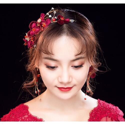 Gold Crystal Wedding Bridal Hair Accessories Chinese Red Ribbon Headband Earrings Sets Flower Tassel Stud Earrings Women Jewelry