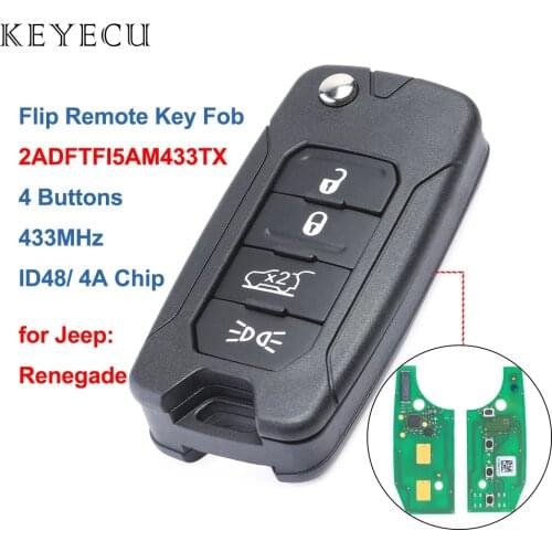 Keyecu Flip Remote Control Car Key Fob 4 Buttons 433MHz with ID48 / 4A Chip for Jeep Renegade 2016 2017 2018 2ADFTFI5AM433TX