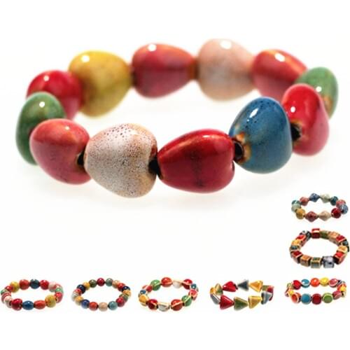 National style leopard glaze colorful beads Handmade ceramic stretch bracelet SZ202