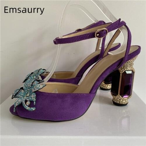 Luxury Suede Ankle Strap Sandals Women Diamond Rhinestone High Heel Jeweled Crystal Flower Summer Party Sandalias