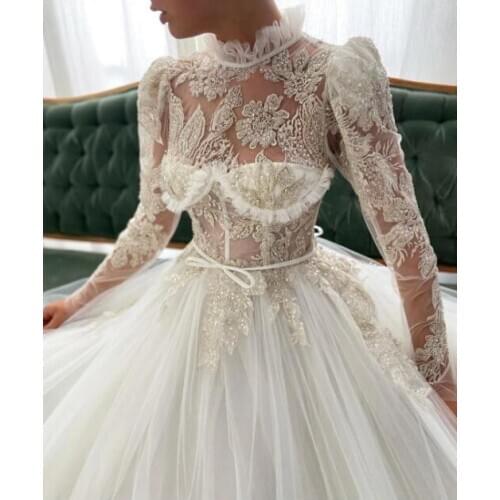 Sexy See Thru White Tulle Evening Dresses High Neck Lace Appliques Prom Gowns Vestido A-line Long Women Pageant Dress