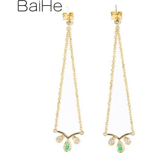 BAIHE Solid 14K Yellow Gold 0.05ct Natural Emeralds Earring 0.10ct Natural Diamonds Trendy Fine Jewelry leave Earrings for Women