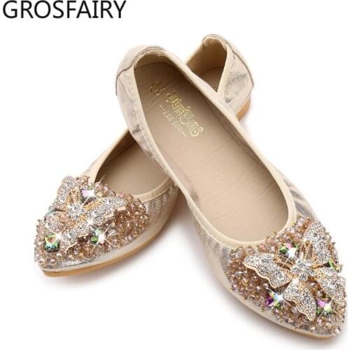 Rhinestone Pointed Toe Flat Shoes Womens New Soft-soled Flat-heeled Peas Shoes Shallow Mouth Large Size Egg Roll Womens Shoes