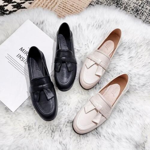 All-match retro bow leather flats female slip on loafers bow knot band derby shoes student oxford single shoes plus size 41-43