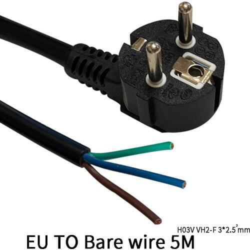 5M 3*2.5 Square EU To Bare Wire Russia Germany French Male To Bare Wire Tail Supply Power Extension Cable Cord 16A 250V