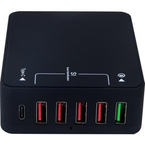 USB Charger Station 6 Ports 5V/9V/12V Quick Charge QC 3.0+Type C USB Hub Power Adapter w/USB-C cable for iPhone Samsung Huawei