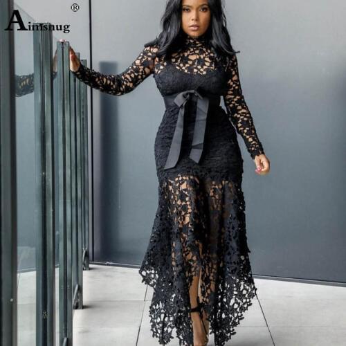 Plus size 4xl 5xl Vintage Party Black Sexy Lace Long Dress Women 2021 Summer Mesh Hollow Out Bodycon African Maxi Dress Femmes