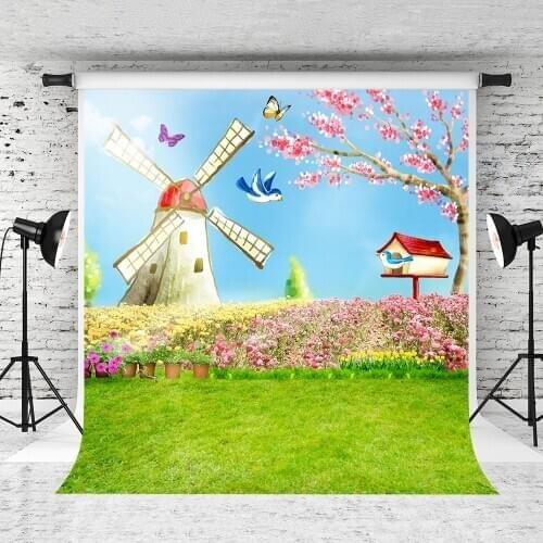VinylBDS Spring Backgrounds Windmill House Floor Flowers Colorful Butterflies Birds Frolic Photography Backdrop