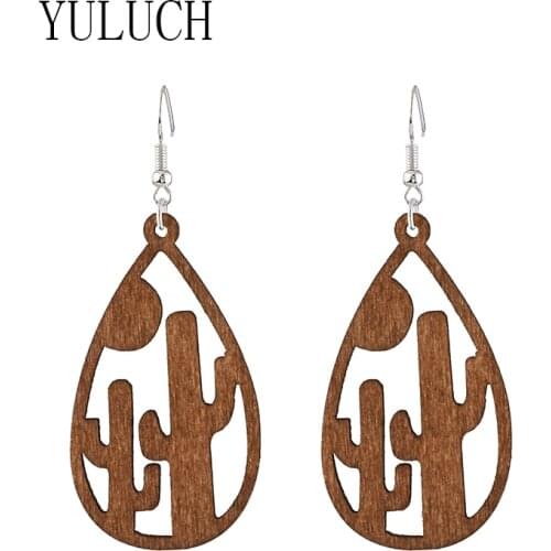 YULUCH LADY natural wood water droplets hollow out cactus pendant earrings girls art elegant jewelry ladies party casual simple