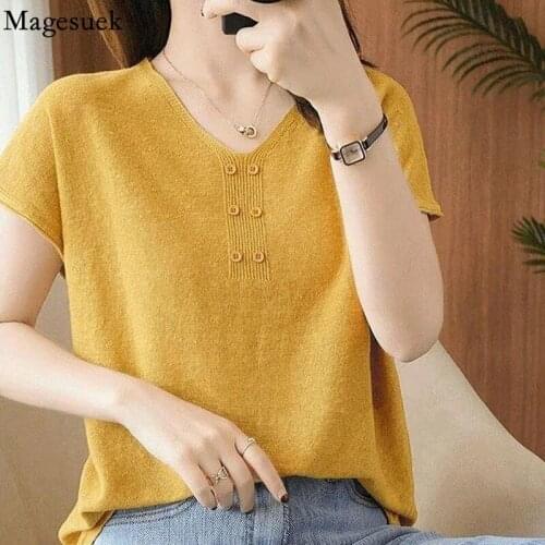 V-neck Ice Silk Knitted Short Sleeve Cotton Shirt Summer 2021 New Blouse for Women Casual Loose Office Lady Clothing Blusa 14660