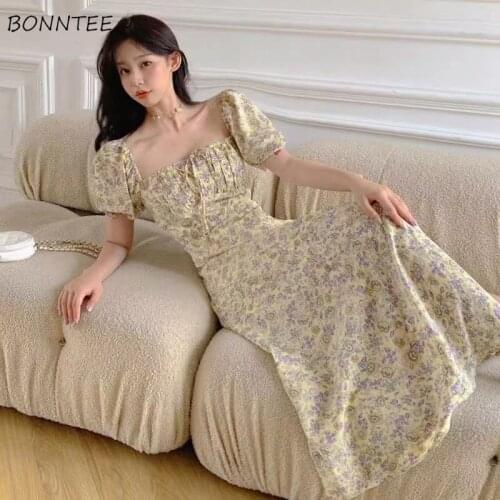 Puff Sleeve Dresses Women Square Collar Print Side-slit Ulzzang Chic Cozy Leisure Elegant Harajuku Popular Teens Streetwear New