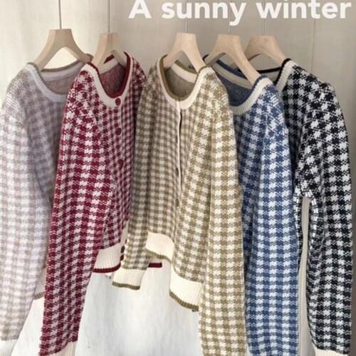 Plaid Cardigan Fall 2021 Women Sweater O-Neck Fashion Clothes Long Sleeve Vintage Outwears Casual Single Breasted Top