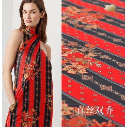 Red Silk Double Joe Fabric Mulberry Silk Printed Cloth Clothing Women 's Dress Summer