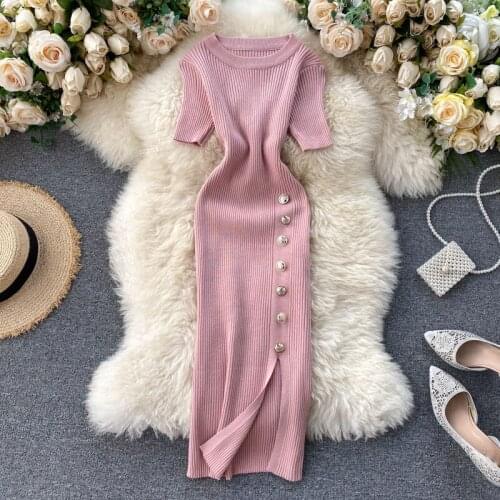 Sexy Short Sleeve O-Neck Dress Bodycon Ribbed Knitting Dress Women 2021 Summer Pink Slim Mini Women Dress