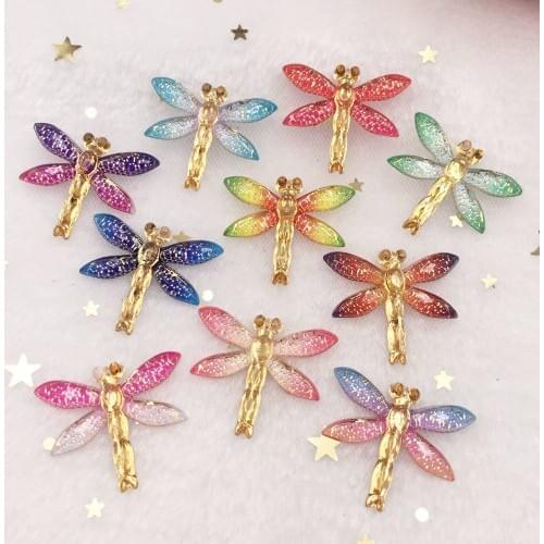 New 100pcs Resin Bling Colorful Dragonfly flatback rhinestone 1 Hole Ornaments DIY Wedding appliques craft SW80*5