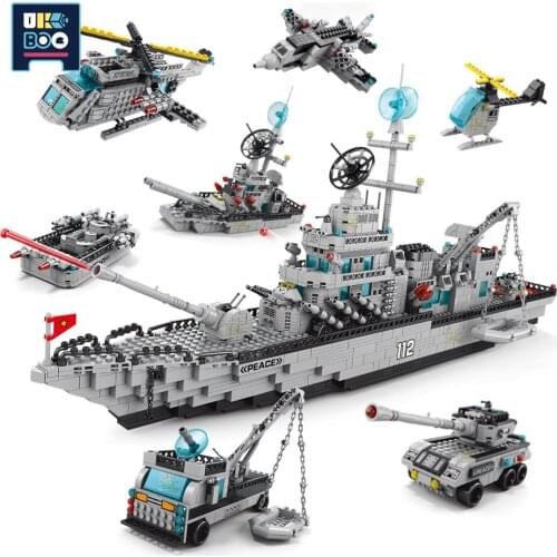 UKBOO 1560Pcs 6IN1 Battleship Missile Destroyer Vessel Model Building Blocks City Helicopter Army Figure Brick Toys For Children
