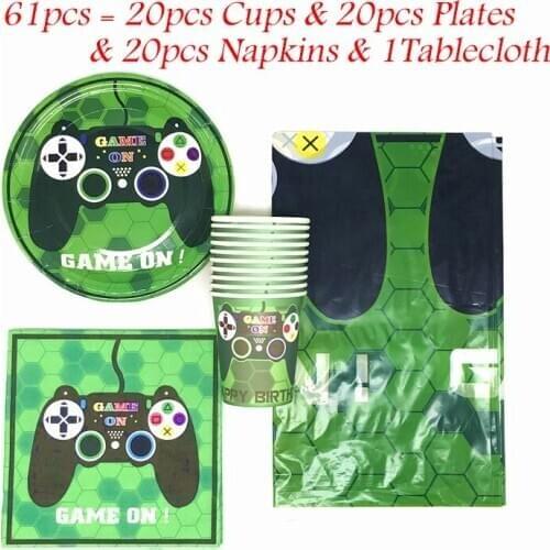 61pcs Green Game On Cartoon Paper Cup Plate Napkin Tablecloth Birthday Party Decorations Supplies Beyblade Anime Tableware Set