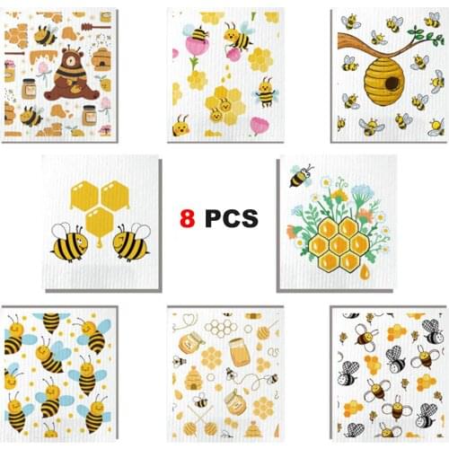 8Pcs/Set Cartoon Bee Pattern Dishcloth Quick-Dry Cleaning Rag Dish Cloth Kitchen Reusable Absorbent Dishwashing Cloth Cleaning