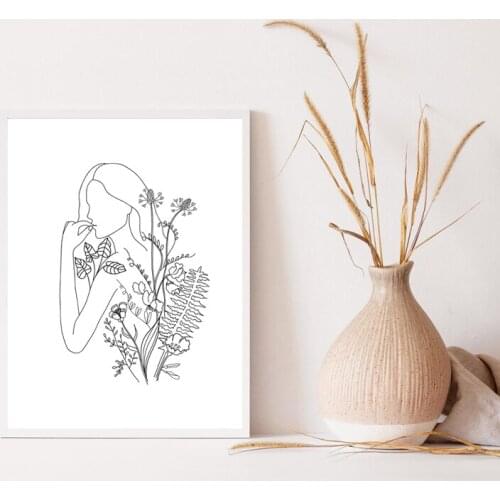 Abstract Woman Body Flowers Line Art Prints Black White Plants Drawing Minimalist Poster Wall Art Canvas Painting Bedroom Decor