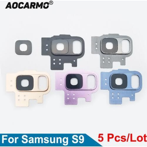 Aocarmo 5Pcs/Lot For Samsung Galaxy S9 G9600 Rear Back Camera Lens Glass Cover + Metal Ring Frame + Adhesive Sticker Replacement