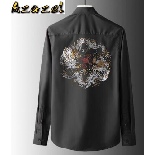 Azazel Mens Shirts Luxury Czech Crystal Diamond Fire Dragon Long Sleeve Mens Dress Shirts Plus Size 3XL 4XL Slim Man Shirts