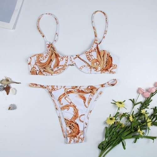 Women High Waist Bikinis Ladies Printed Tong Bottoms Split Swimwear Beach Summer Swimuit Female Retro Beachewear Bikini Set