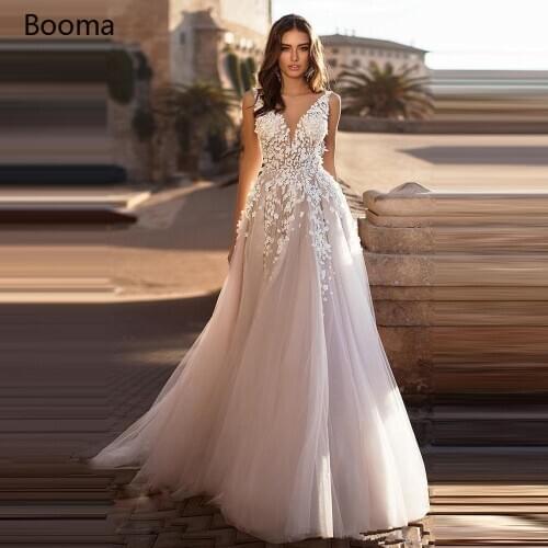 Booma Floral Princess Wedding Dresses V-Neck Lace Appliques Beach Bride Dresses Backless Illusion Top A-Line Bridal Gowns