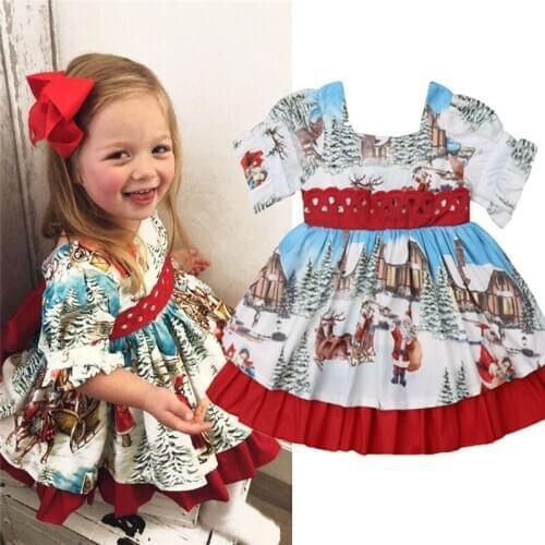 Vintage Toddler Kid Baby Girl Christmas Elements Partten Flared Party Santa Swing Mini Princess Dress Clothes 2-6T