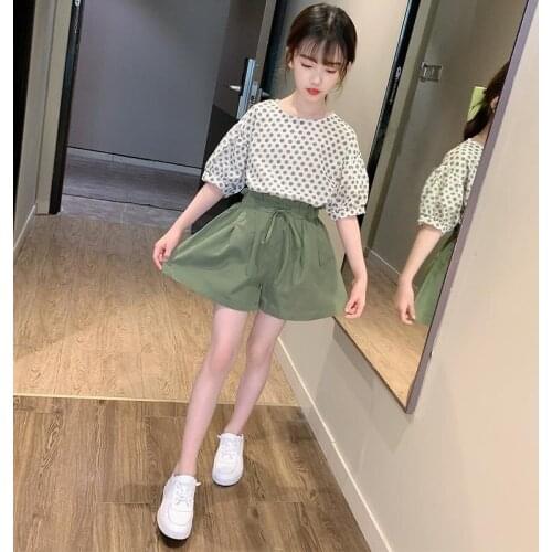 Children Clothing Sets Summer Girls Suit Casual Dots Print Short Sleeve T-Shirt+Shorts 2Pcs Teens Clothes 5 7 9 10 12 13 14Yrs