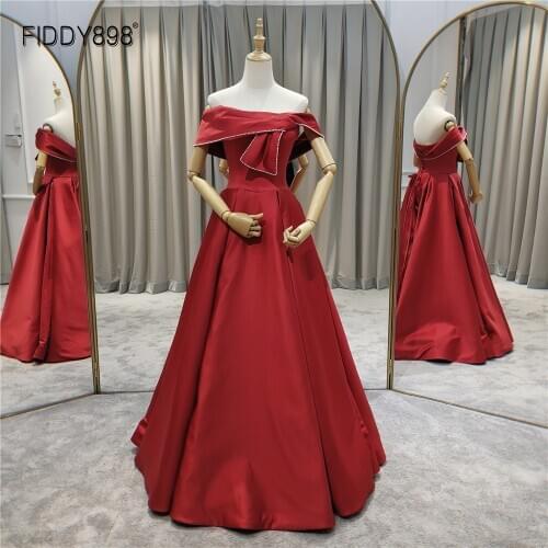 Red Evening Dress Long Beautiful Satin Pearls Formal Gowns A-Line Off-shoulder Floor Length Wedding Party Dresses for Women