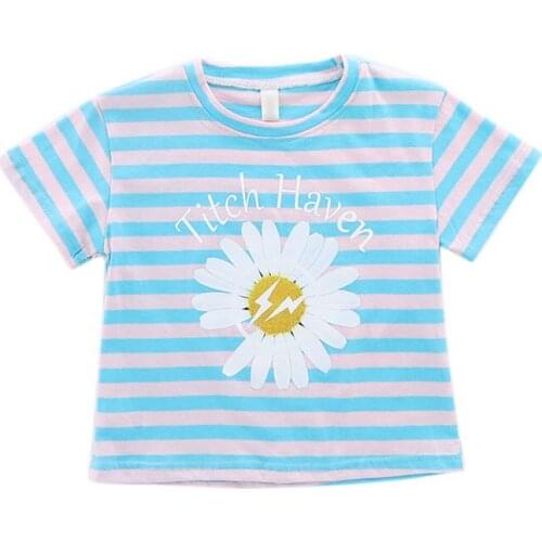 Summer Children T-shirt Kids Girls Boy Stripe Printing Comfortable Round Collar Short Sleeves Fashion Flowers Decorative