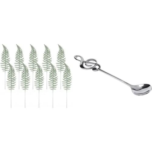 HOT 10PCS Artificial Boston Fern Bush Faux Leaves Green Plants with 8Pcs Cute Music Theme Tea Stirring Spoon Coffee Spoon