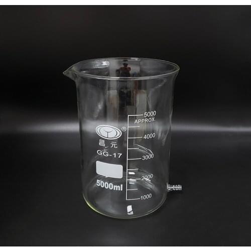 Beaker in low form with Lower tube,Capacity 5000ml,Beaker with tubules,Outer diameter=170mm,Height=270mm,Laboratory beaker
