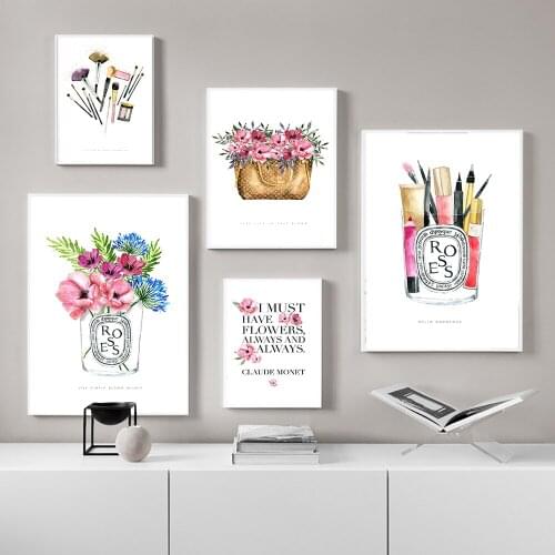 Makeup Fashion Poster Print Perfume Bag Bloom Flower Canvas Painting Trendy Artwork Picture Beauty Salon Girls Room Decoration