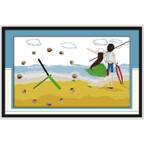 Blue sea with golden beach cross stitch kit 14ct 11ct count print canvas wall clock stitching embroidery DIY handmade needlework